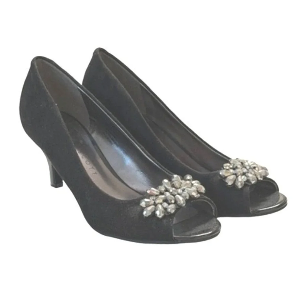 Karen Scott Maralyn Rhinestone Peep‎ Toe Kitten Heel Black Womens 6